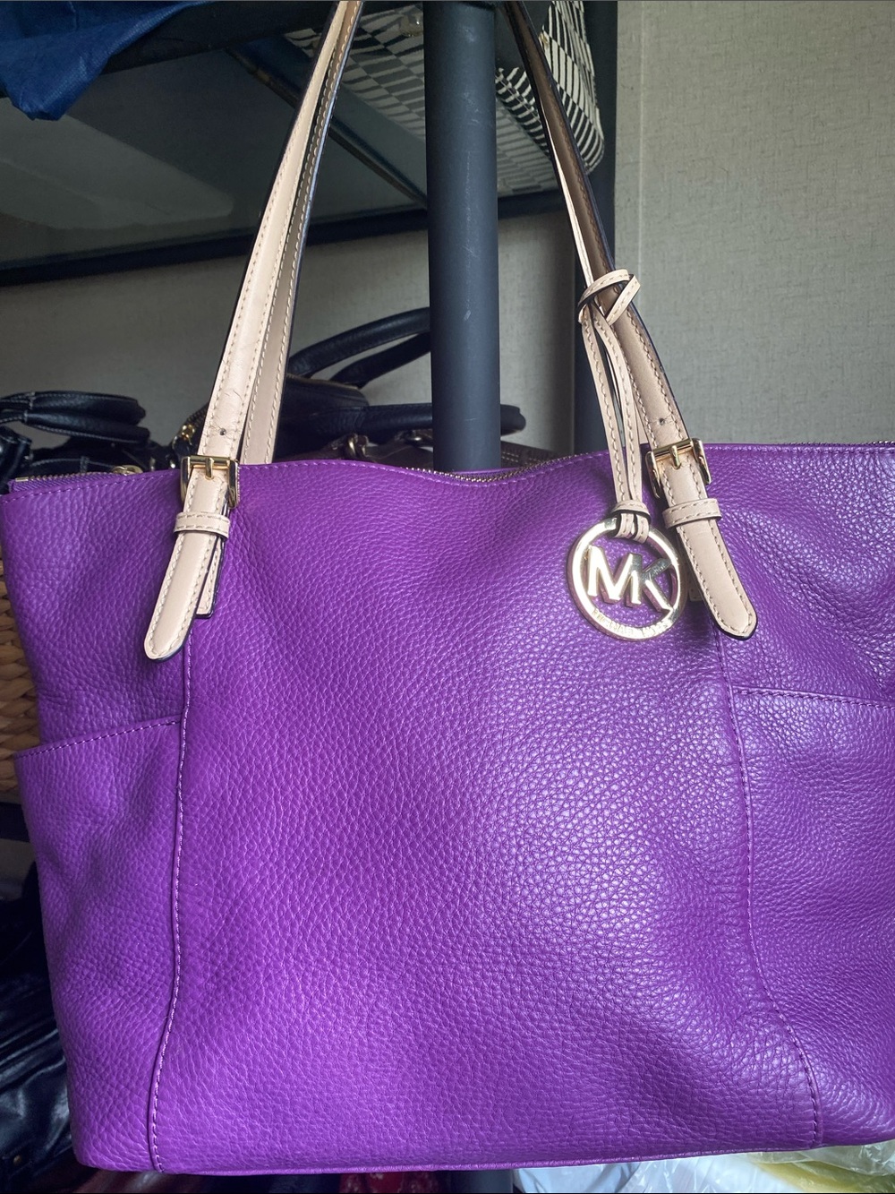 Michael Kors Purple Pebbled Leather Tote with Beige Straps